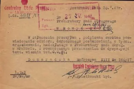 Dokument dołączony do zwrotnego poświadczenia odbioru postanowienia o tymczasowym aresztowaniu, nadesłanego z Prokuratury Sądy Okręgowego w Krakowie do Prokuratury Sądu Okręgowego w Nowym Sączu
