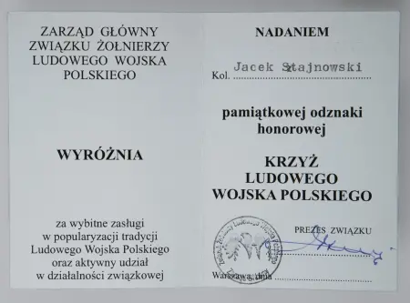 Legitymacja pamiątkowa odznaka honorowa Krzyż Ludowego Wojska Polskiego