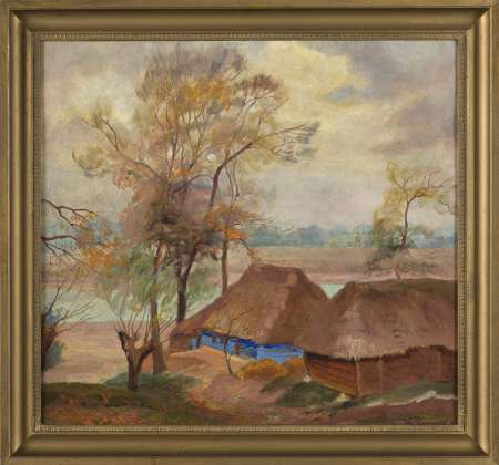 Pejzaż z chałupami nad rzeką