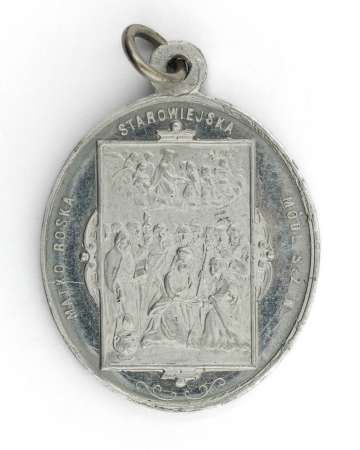 Medalik 50 rocznica koronacji Matki Boskiej Starowiejskiej 1877-1927. Matko Boska Starowiejska Módl się za Nami