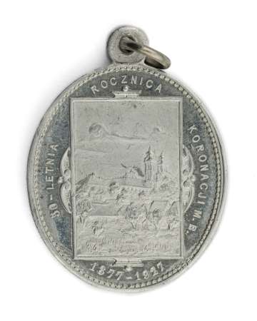 Medalik 50 rocznica koronacji Matki Boskiej Starowiejskiej 1877-1927. Matko Boska Starowiejska Módl się za Nami