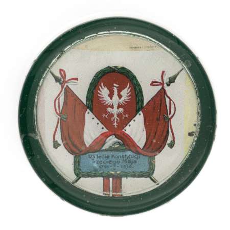 Pamiątkowy, szklany przycisk do papieru, Pamiątka 125 - Lecie Konstytucji Trzeciego Maja 1791 3/V 1916