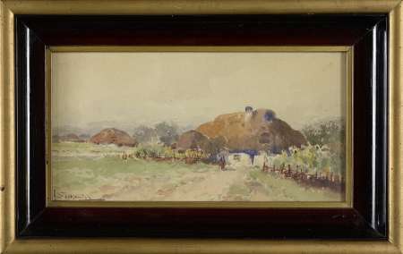 Pejzaż z wiejskimi chatami