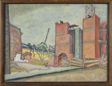 PEJZAŻ MIEJSKI Z ROBOTNIKAMI NA BUDOWIE