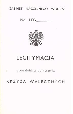 Legitymacja do odznaczenia - Krzyż Walecznych, Ministerstwo obrony Narodowej - in blanco
