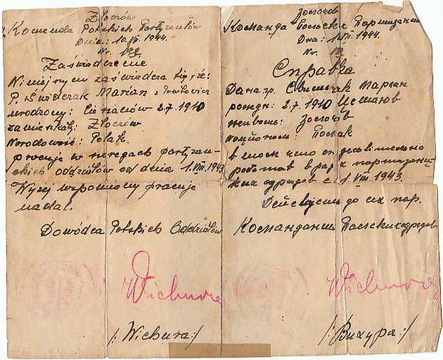 Legitymacja Komendy Polskich Partyzantów z 10.VII.1944 roku
