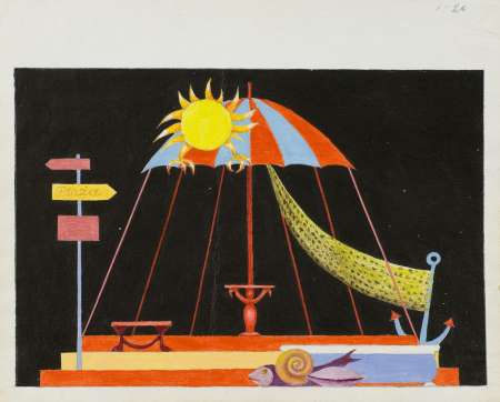 Projekt scenograficzny - kompozycja z parasolem i symbolami lata