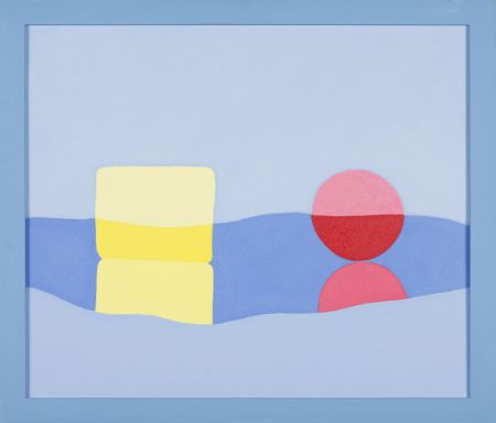 Żółta i czerwona martwa natura na niebieskim tle