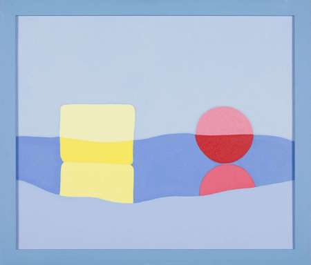 Żółta i czerwona martwa natura na niebieskim tle