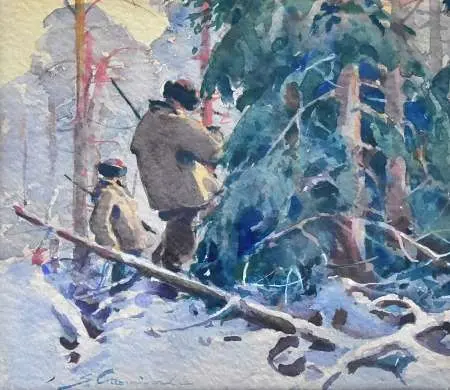 Zimowy pejzaż leśny z myśliwymi