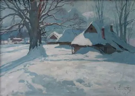 Pejzaż zimowy z chatami pod Giewontem, 1963