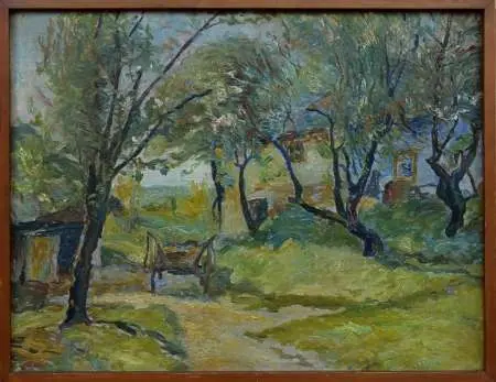 Pejzaż z domem, sadem i wozem, 1955