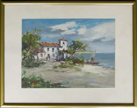 Brzeg morski z domem i łodzią