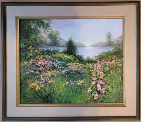 Pejzaż z łąką nad rzeką