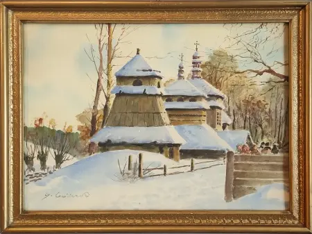 Przed kościołem - pejzaż zimowy