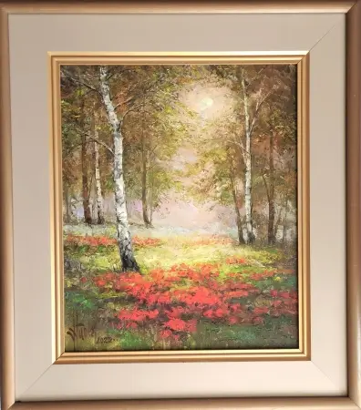 Pejzaż z brzozami i makami