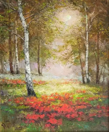 Pejzaż z brzozami i makami