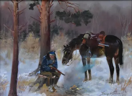 Ułan z koniem przy ognisku, 1937