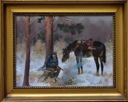 Ułan z koniem przy ognisku, 1937