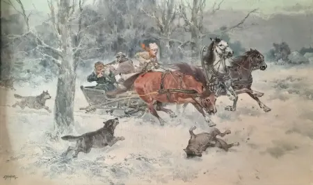 Atak wilków na sanie z trójką koni