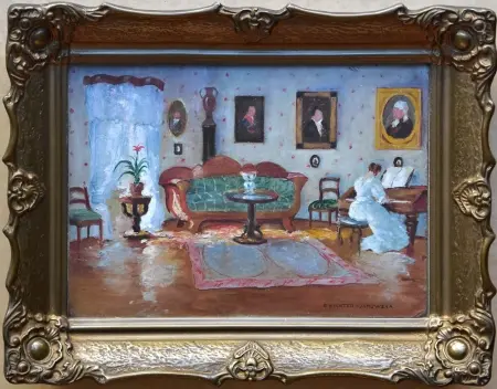 Wnętrze salonu z dziewczyną przy fortepianie