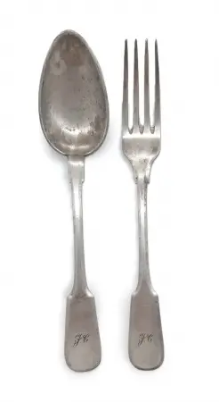 Zestaw półmiskowy platerowany Łyżka i widelec z monogramem 'J.C' sygn. NORBLIN