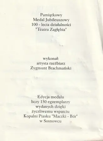 Medal jubileuszowy Teatr Zagłębia w Sosnowcu 1897-1997