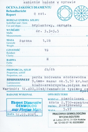 Pierścionek z perłą i diamentami