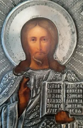 Ikona Chrystus Pantokrator w srebrnej ryzie 