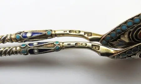Dwie srebrne łyżeczki z emalią, S. Kazakow, Moskwa, 1880-1890