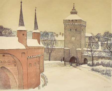 Barbakan i Brama Floriańska w zimie, 1928