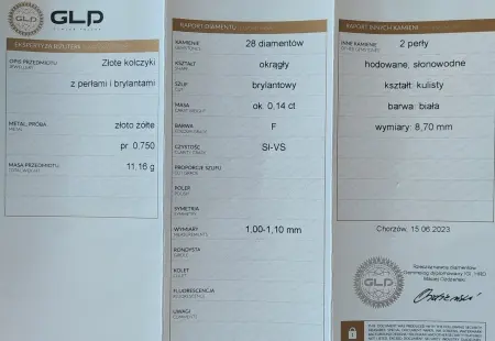 Kolczyki złote z perłami i diamentami