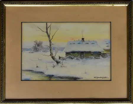 Zimowy pejzaż z chatą