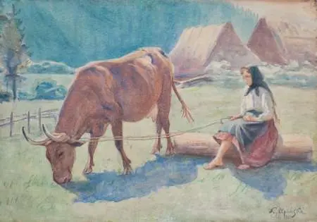 Dziewczyna pasąca krowę. Pejzaż z okolic Tuchli, 1934