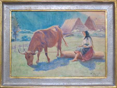 Dziewczyna pasąca krowę. Pejzaż z okolic Tuchli, 1934