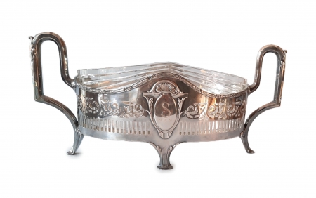 Srebrna ażurowa żardiniera ze szklanym wkładem, Wilhelm Binder, Niemcy, Schwäbisch Gmünd, XX w.