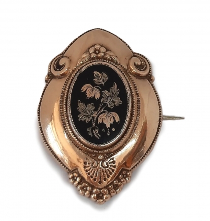 Złota broszka biedermeier z czarną emalią