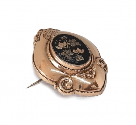 Złota broszka biedermeier z czarną emalią