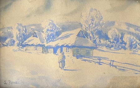 Pejzaż zimowy z chatami 