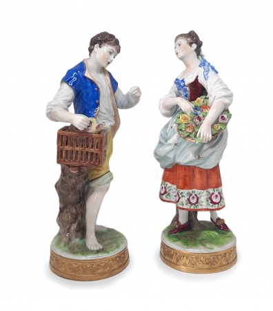 Para porcelanowych figurek Kwiaciarka i Ptasznik 