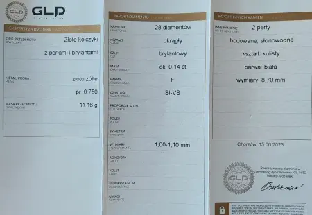 Kolczyki złote z perłami i diamentami