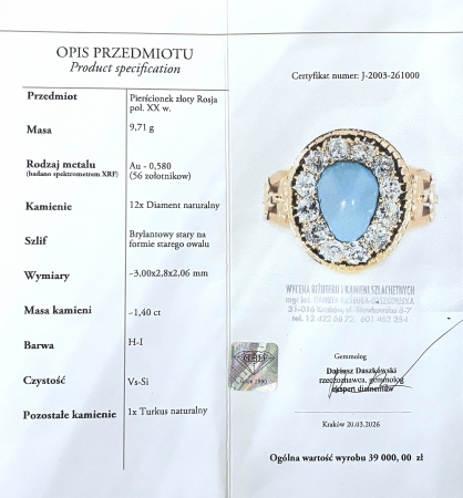 Pierścionek złoty z diamentami i turkusem